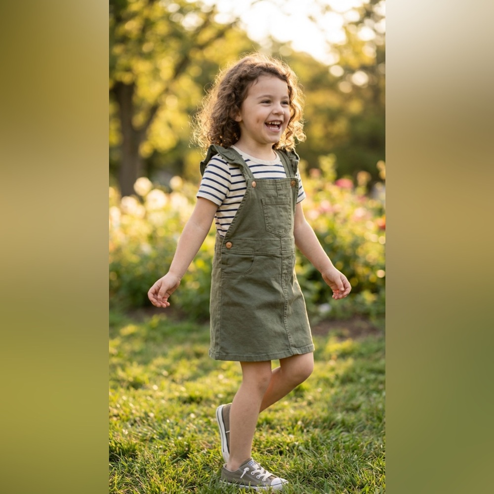 BCBG Girls Olive Green Overall Dress Size 5 Ruffle Strap Jumper Dress
